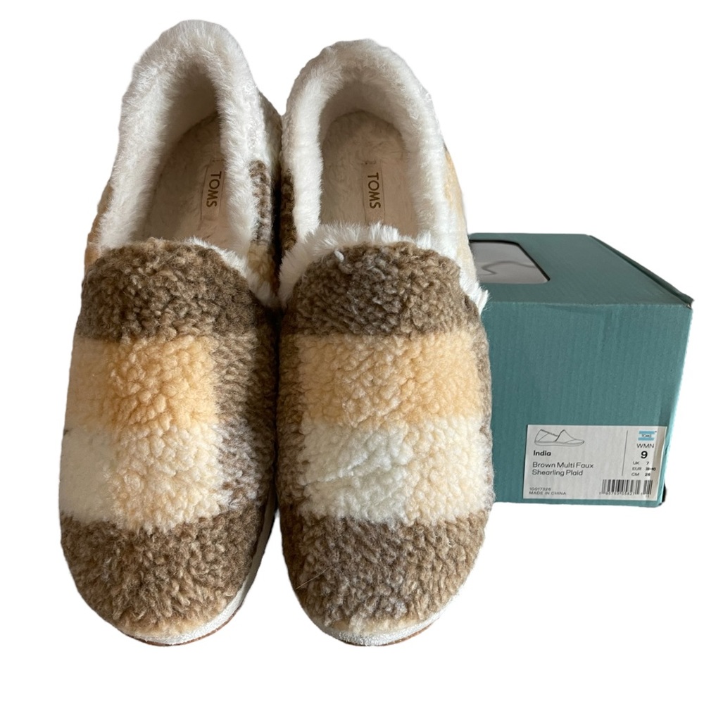 TOMS India Womens Slippers Size 9 Brown Multi Faux Shearling Plaid Slippers NEW